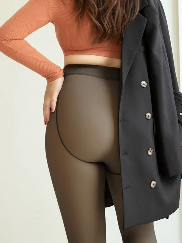 กางเกงรัดรูปเอวสูงสำหรับผู้หญิงผ้าฟลีซยืดหยุ่นแบบบางโปร่งแสงเซ็กซี่สำหรับฤดูหนาว