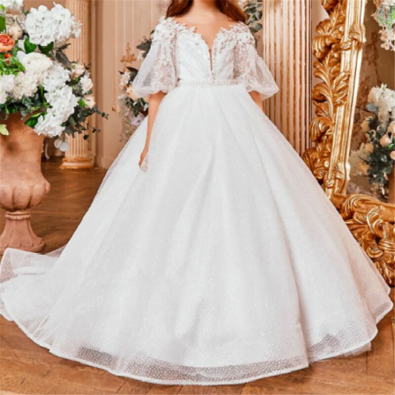 Flower Girl Dress Ball Beauty Pageant First Communion Elegant Tulle Lace Secal Backless Princess Kids Surprise Birthday Present