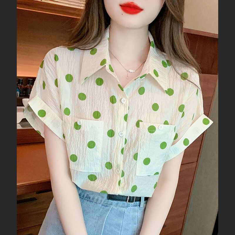 Женская шифоновая рубашка в горошек, Повседневная Свободная блузка с коротким рукавом и карманами, в Корейском стиле, лето 2024