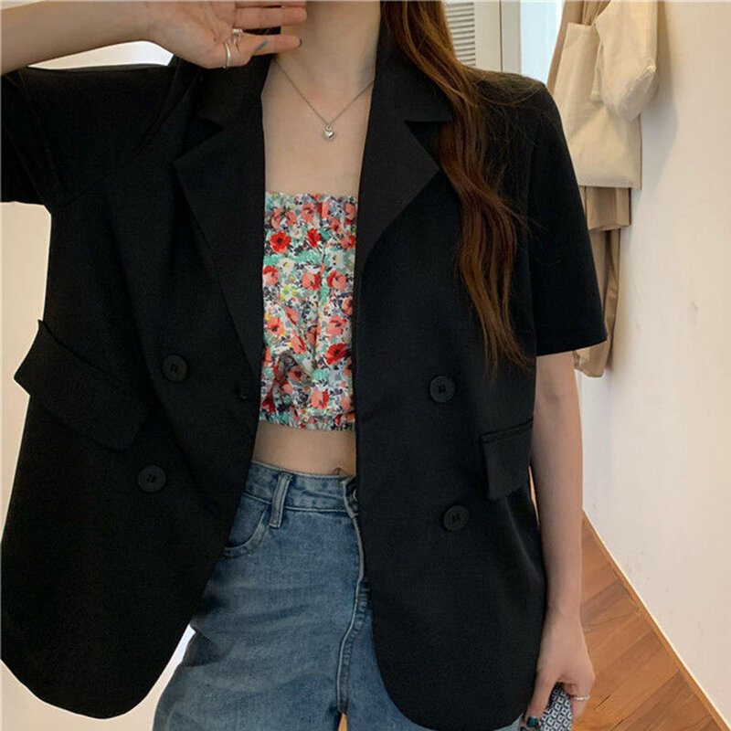Women Fashionable Simple Street Casual Blazers Loose Jacket Female Business Tops Lapel Loose Short Sleeve Single Breasted