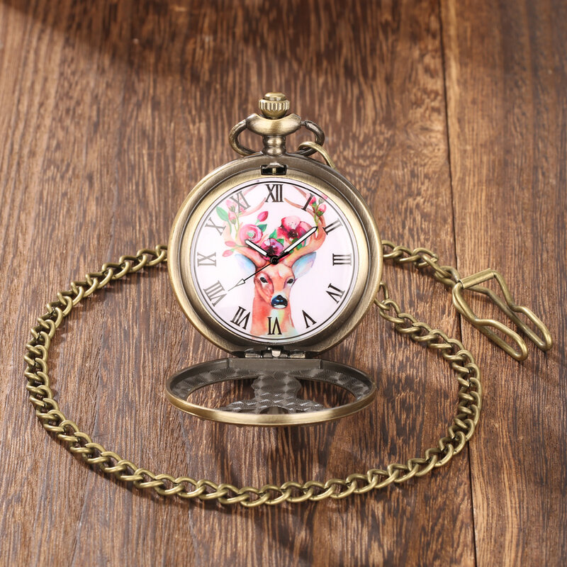 Retro Bronze Elk Head Hollow Cover Sika Deer Flowers Horns Dial Design Quartz Pocket Watch Necklace Pendant Watch Antique Clock