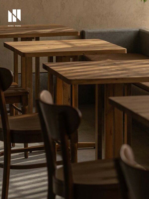 Meja makan kayu padat retro komersial, Meja kecil restoran, Meja kayu persegi, toko kopi, meja makan angin senyap