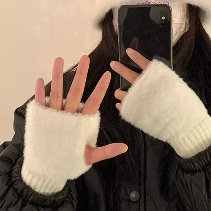 Norek polar miękkie zimowe półpalcowe rękawiczki damskie ciepłe luksusowe solidny biały pluszowe dziane rękawiczki bez palców rękawiczki na nadgarstki