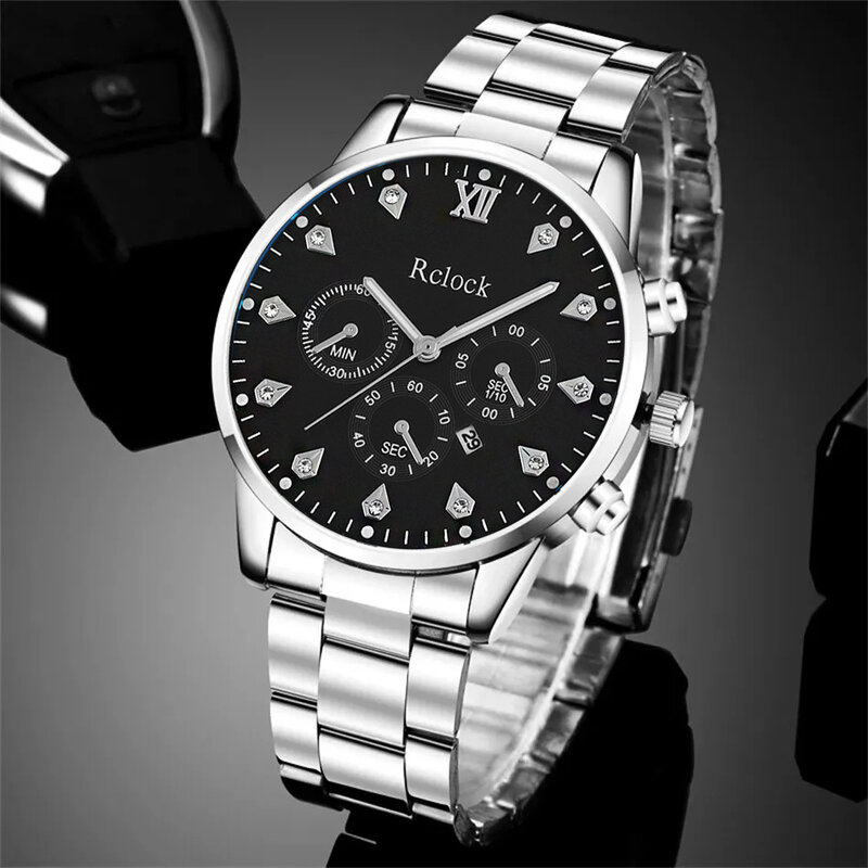 3PCS Set Fashion Mens Business Watches Men Casual Silver Bracelet Necklace Stainless Steel Quartz Wrist Watch Relogio Masculino