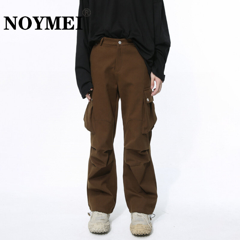 NOYMEI Cord Decorative Design 2024 Spring New Niche Folded Multi Pocket Cargo Pants Solid Color Trousers Trendy WA3761