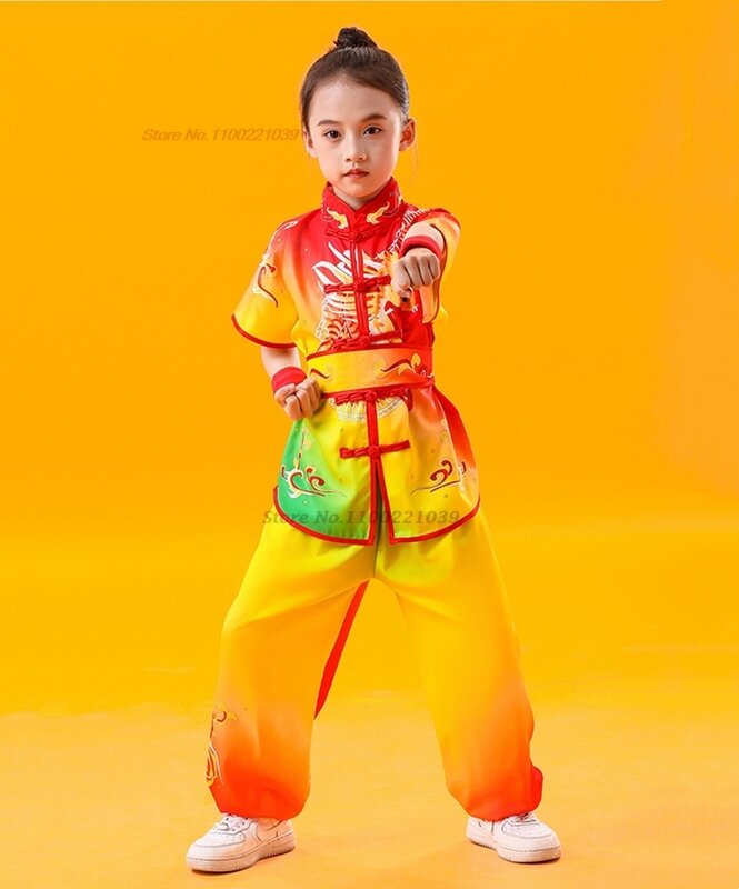 2024 Chinese Kinderen Kung Fu Wushu Uniform Kung Fu Shaolin Martial Arts Pak Dragon Print Sporttraining Oefenset