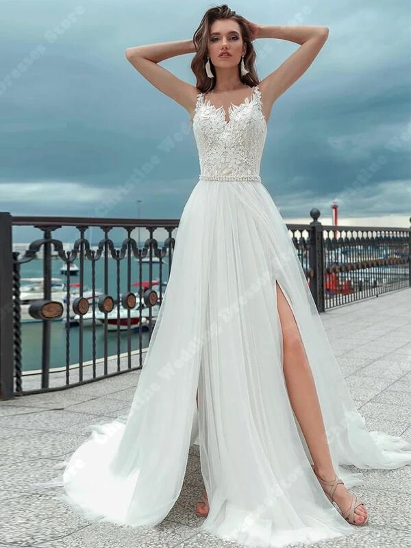 Gaun pengantin wanita leher bulat gading gaun pernikahan desain gambar cetak renda gaun pesta tanpa lengan A-line Formal terbaru gaun pengantin wanita