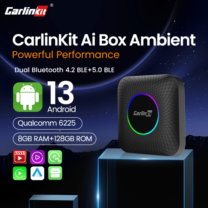 Carlinkit-Boîtier décodeur TV Android 13 LED, 8 + 128 Go, CarPlay sans fil, adaptateur automatique, prise en charge Youtube, Netfilx, IPTV, Spotify, GPS