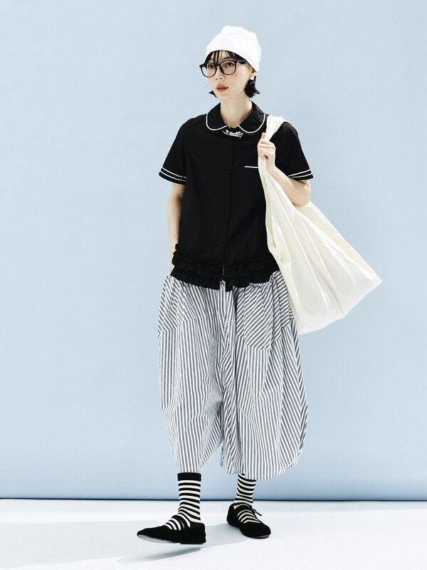 Imakoni-Saia de bolso feminina com cintura elástica listrada, design original, 244590
