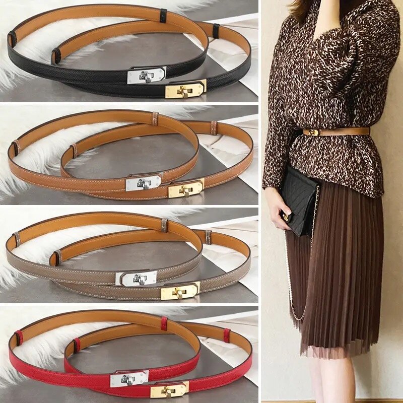 Fashion Width 1.8cm Rotary Buckle Real Leather Thin Belt Women's Belt Print Decorative Lady Dress Coat Waist belt for women jean
