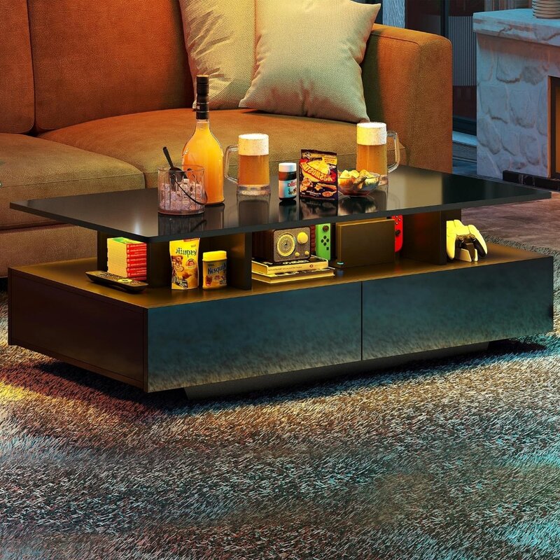 Coffee Table High Glossy LED Coffee Tables for Living Room Black Small Center Table With Open Display Shelf & Sliding Drawers