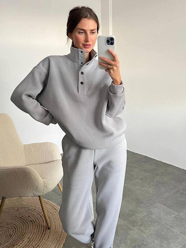 2023 Winter Fleece Sweatshirt Sets Women Solid Two Piece Sets Casual Buttons Stand Collar Loose Pullover High Waist Sports Pants