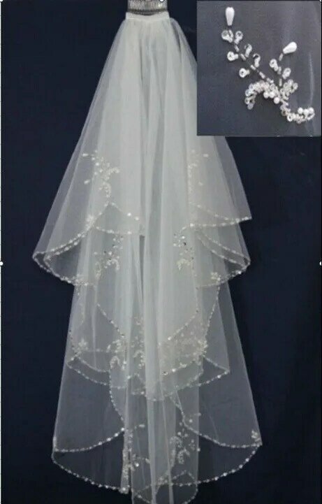 Beaded Crystals Soft 2 Tier Wedding Veil for Bride Fingertip Length with Comb Wedding Accessories