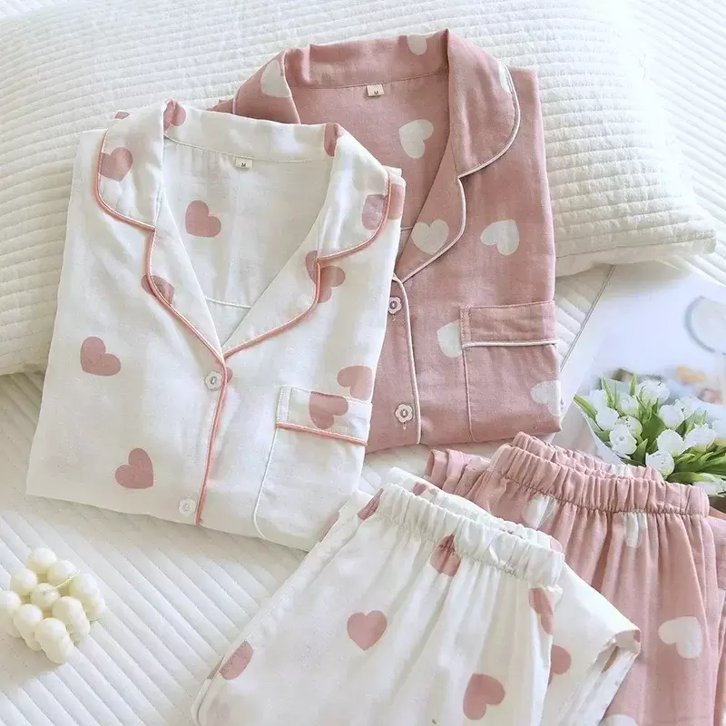Amor pijama de algodão estampado feminino, roupa caseira casual para baixo, pijama de gola virada, terno primavera e verão, 2 peças