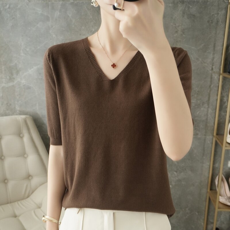 Sweater Pullover Wanita T-Shirt Versi Korea Longgar Lengan Pendek dengan Kemeja Kecil Warna Solid Atasan 2022 Baru Musim Semi dan Musim Panas