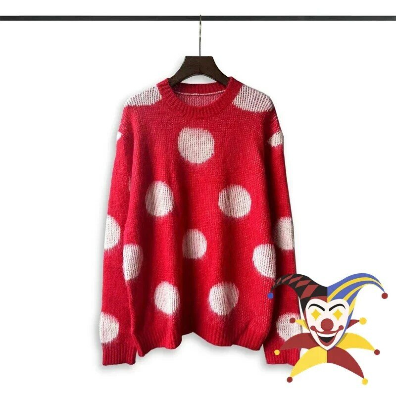 Mohair-suéter de punto con puntos rojos para hombre y mujer, sudaderas de gran tamaño con cuello redondo