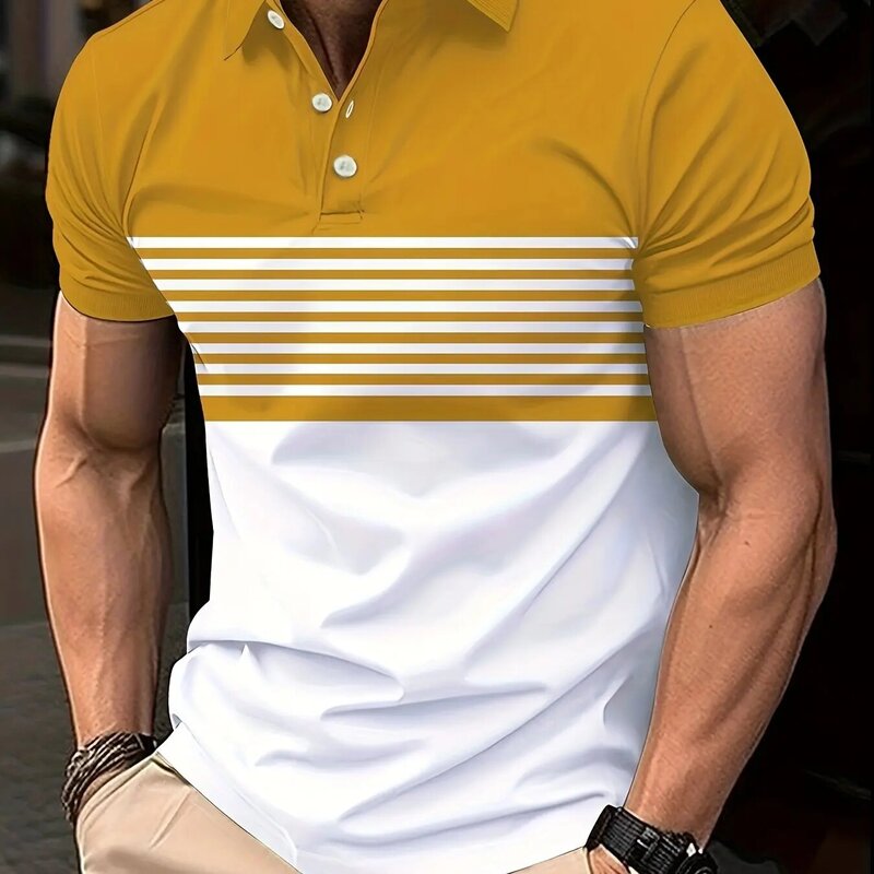 Camisa polo casual masculina com listras estampadas em 3D, blusa de manga curta, camisa empresarial de botão, solta, tamanho grande, roupa de verão, nova