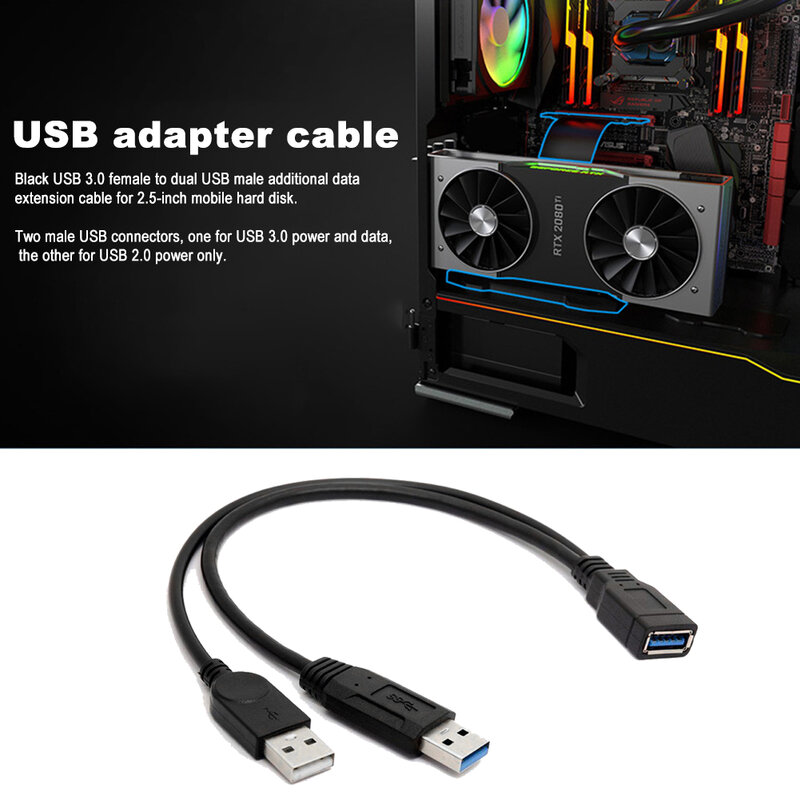 สายเคเบิลต่อข้อมูล Y พลังงานพิเศษ USB 3.0ตัวเมียไปยัง USB แบบคู่ชนิดสายส่วนขยายตัวแยกข้อมูลตัวผู้สีดำ