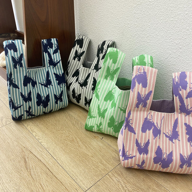 手織りの女性用ハンドバッグ,ミニリボン付きの手作りトートバッグ,カラフルな蝶のニットバッグ,女の子のための再利用可能なショッピングバッグ