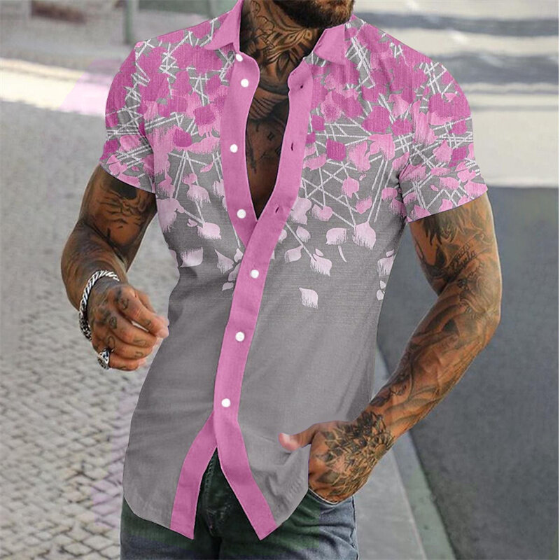 New Fashion Floral Business Casual Men's Printed Shirt With Single Button Street Work Out Summer Lapel Short Sleeve Yellow Shirt