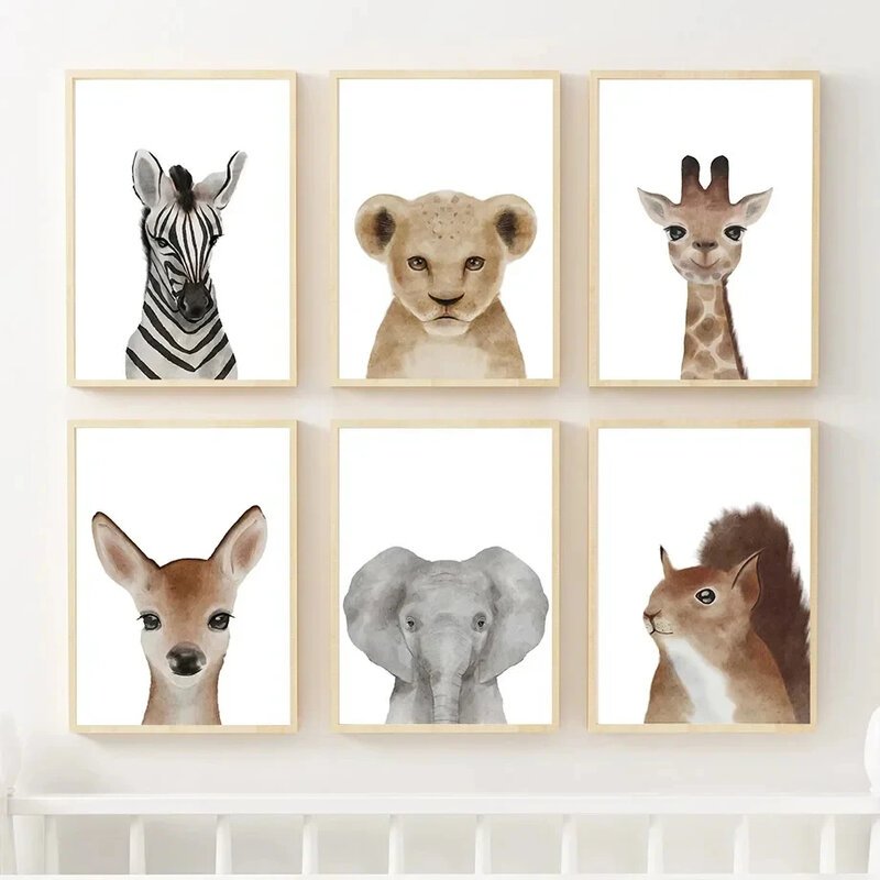 Lona nórdica da arte da parede do estilo para a decoração da sala das crianças, leão, girafa, zebra, elefante, veado, animal