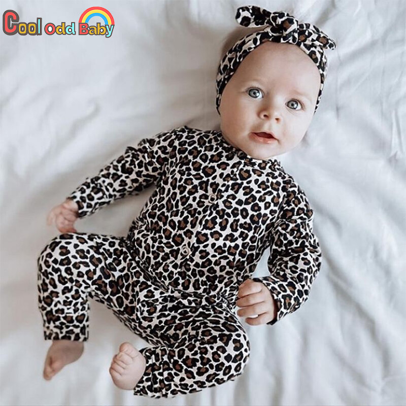 Bebê recém-nascido Leopardo Imprimir Conjunto Macacão Manga Longa, Bonito Romper Roupas, Em Torno Do Pescoço Headband, Roupas Corporais