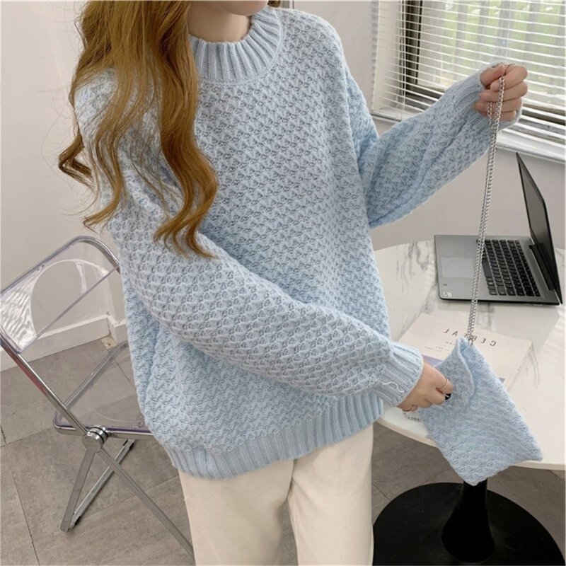 Women Fall Long Sleeve Neck Knit Sweater Solid Color Loose Fit Pullover Top Dropship