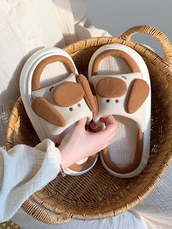 Versatile Couple Linen Slippers Cute And Fun Big Nose Dog Man Women Home Floor Slippers Shoes For Men And Women