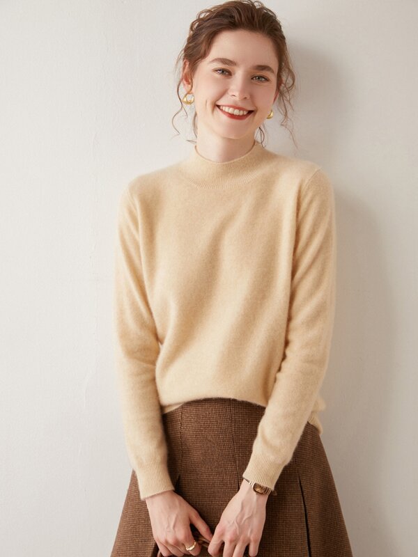 Aliselect-suéter de cachemira pura para mujer, Jersey de manga larga con cuello simulado, Tops de punto, otoño e invierno, 100%