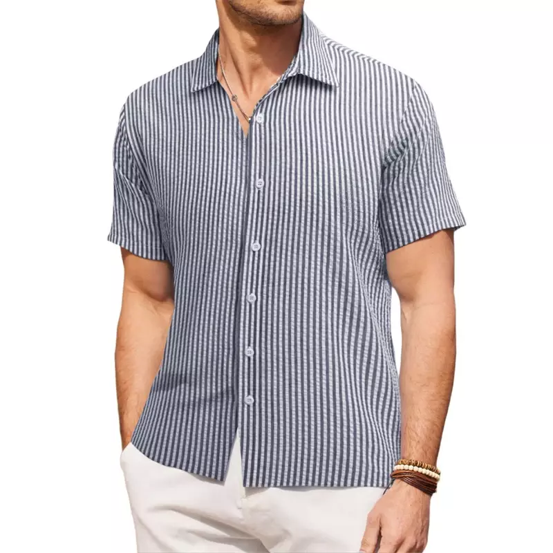 Camisa de lapela estampada masculina, manga curta, estilo simples havaiano, respirável, de férias diárias, casual e confortável, nova, verão
