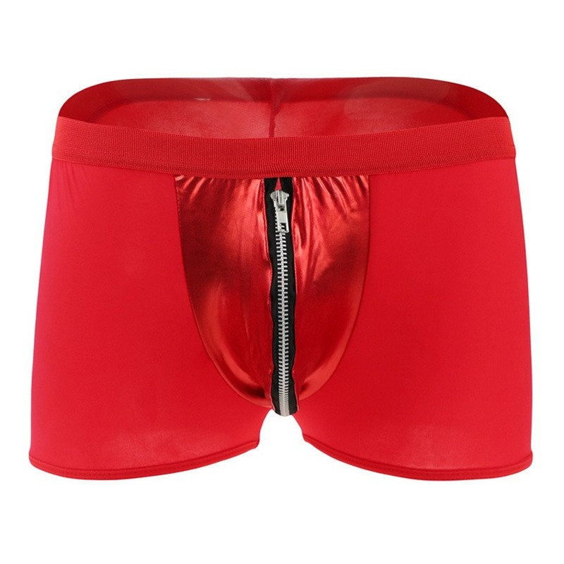 Men's fun underwear underwear middle waist ice silk imitation leather zipper boxer pants