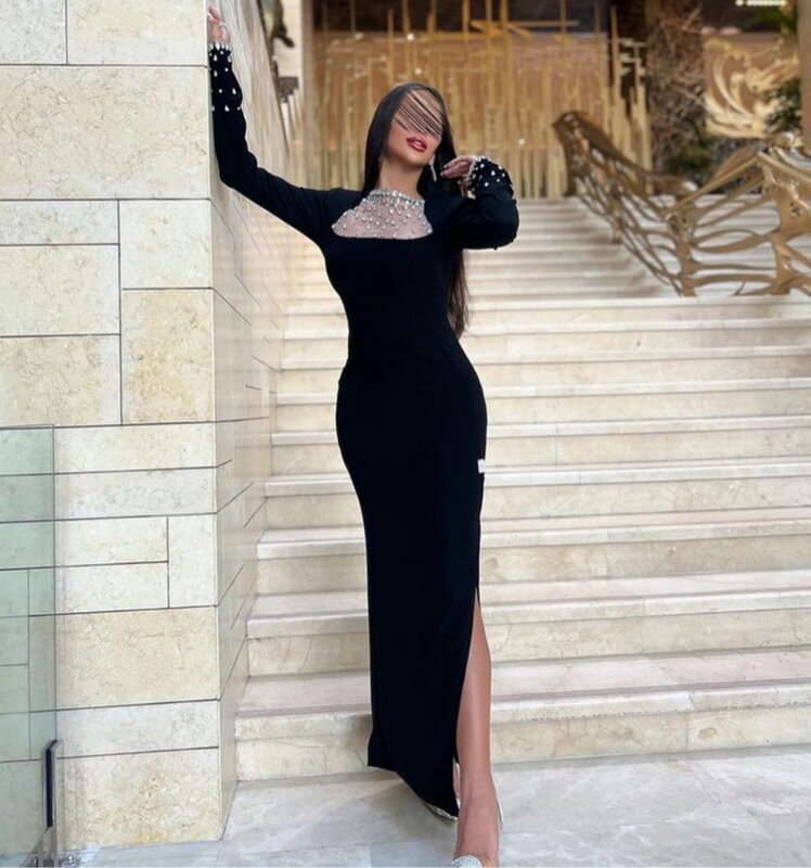 Santorini Black Side Slit Mermaid Prom Dresses Saudi Arabia Women Wear Beaded Crystals Evening Party Dress Long Sleeves Vestidos