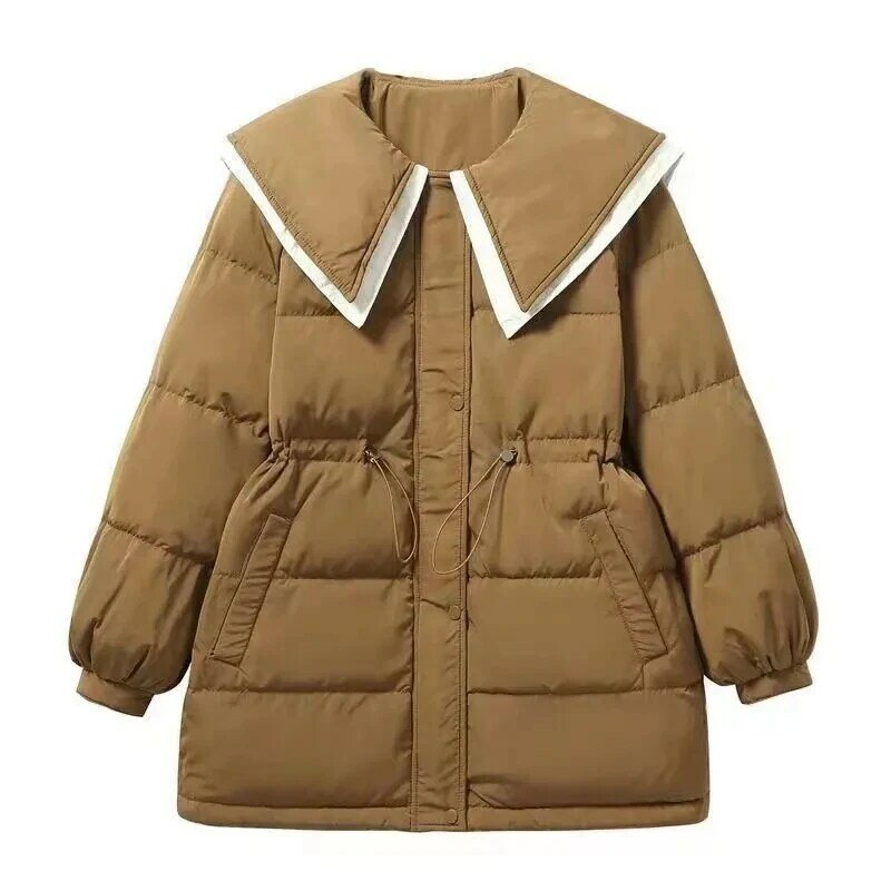Korean Slim Lace Down Coat Women 2023 NEW Autumn Winter Color Matching Doll Collar Parkas Mid-Long Elegant Cotton Padded Jacket