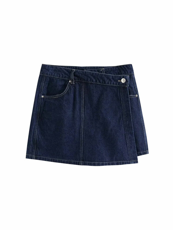 Traf 2024 Damenmode Flip Pocket Dekoration kurzer Flip Kragen Slim Fit Denim Top asymmetrischer Jeans rock 2-teiliges Set