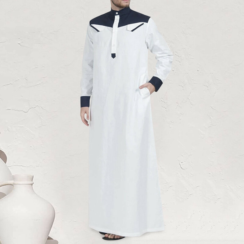 Men Traditional Muslim Clothing Contrast Color Muslim Robe Long Sleeve Half Zip Middle East Men Robe Pocket Button Jubba Thobes