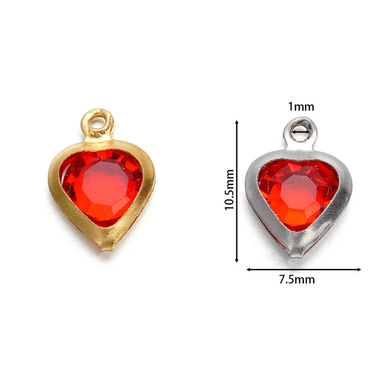10 buah/lot 7.5mm baja tahan karat hati dengan jimat berlian imitasi liontin untuk kalung gelang liontin DIY membuat perhiasan perlengkapan