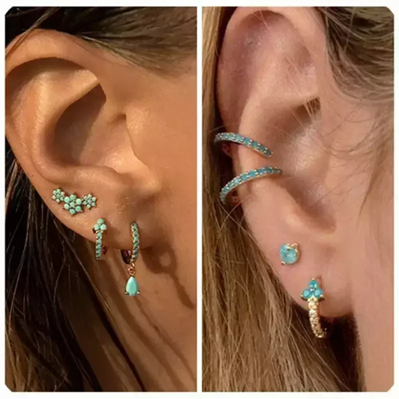 Piercing 925 Sterling Silver Ear Needle Blue Turquoise zircon geometric pendant Hoop Drop Earrings For Women Jewelry accessories