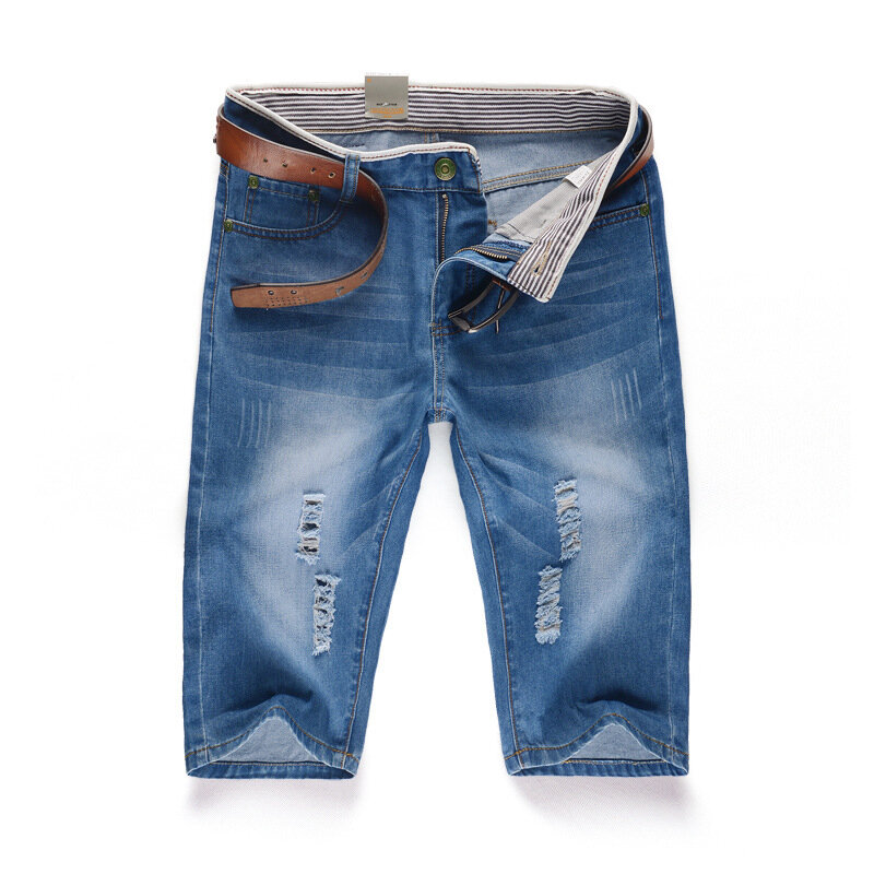 28-40 New Summer Men's Personalized Washable Perforated Denim Pants Large Casual Middle Pants