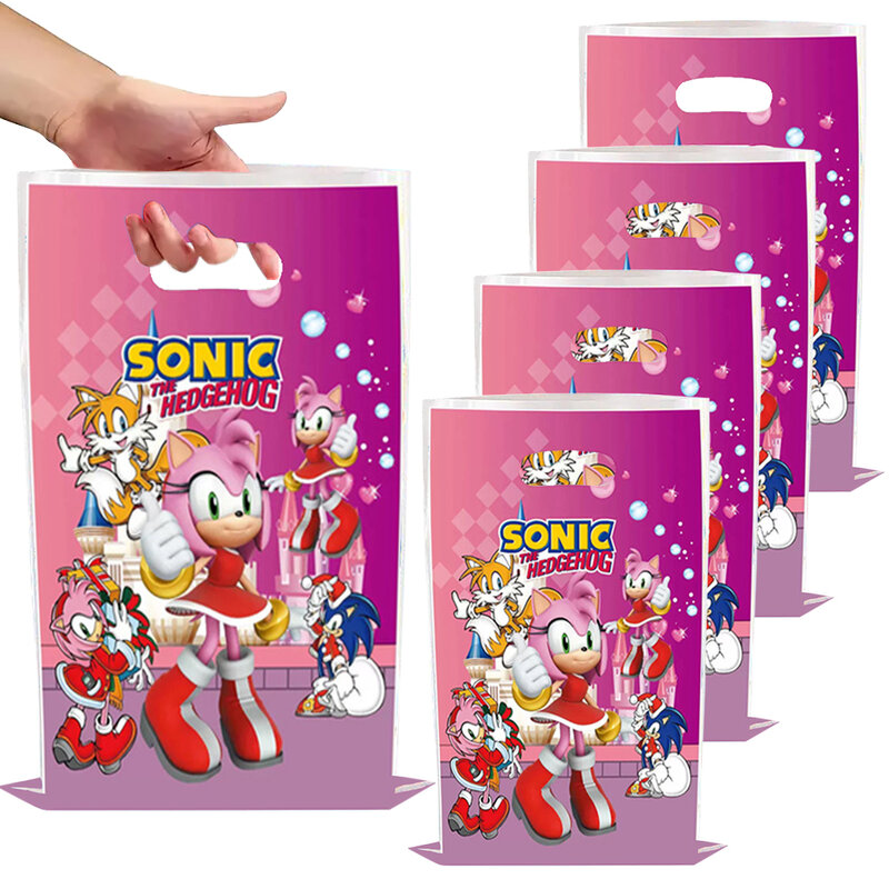 Juego de vajilla de dibujos animados para fiesta de cumpleaños de niños, bolsas de regalo de plástico, decoraciones para Baby Shower, regalos de Sonic rosa, nuevo
