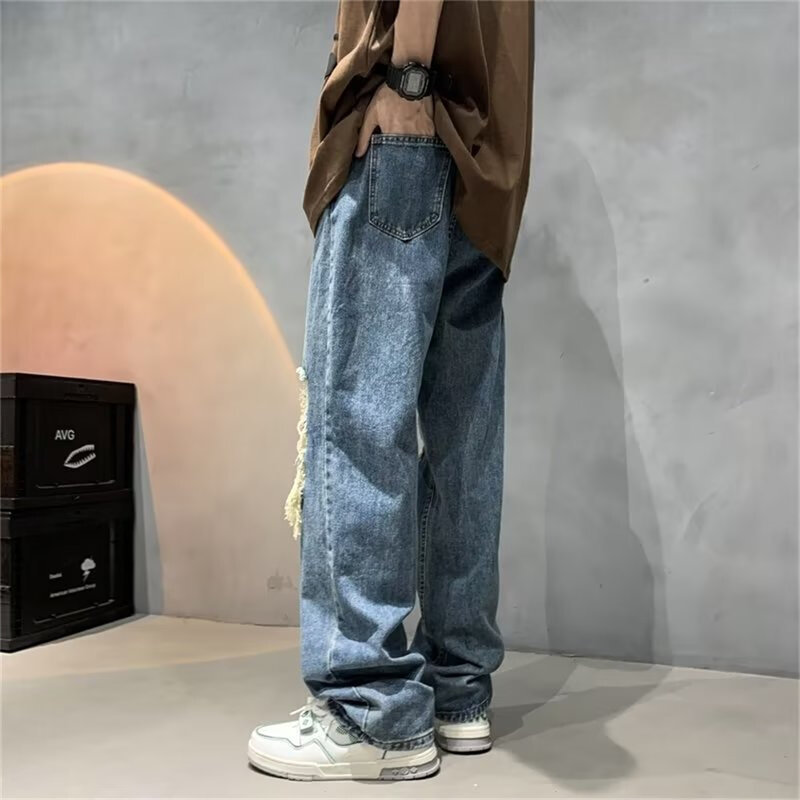 Streetwear Jean Femme Baggy กางเกงยีนส์ขากว้างสำหรับชาย Casual กางเกงกางเกงยีนส์ผู้ชาย Ripped Hole กางเกงชาย mens Pantalon