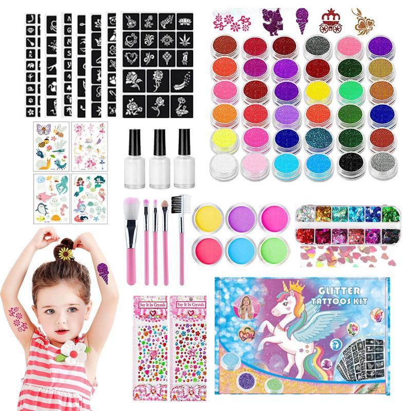 Halloween Glitter Colors Tattoo Kit com estêncil, pincel de cola, maquiagem, design de arte corporal para crianças, pintura corporal, pó de glitter
