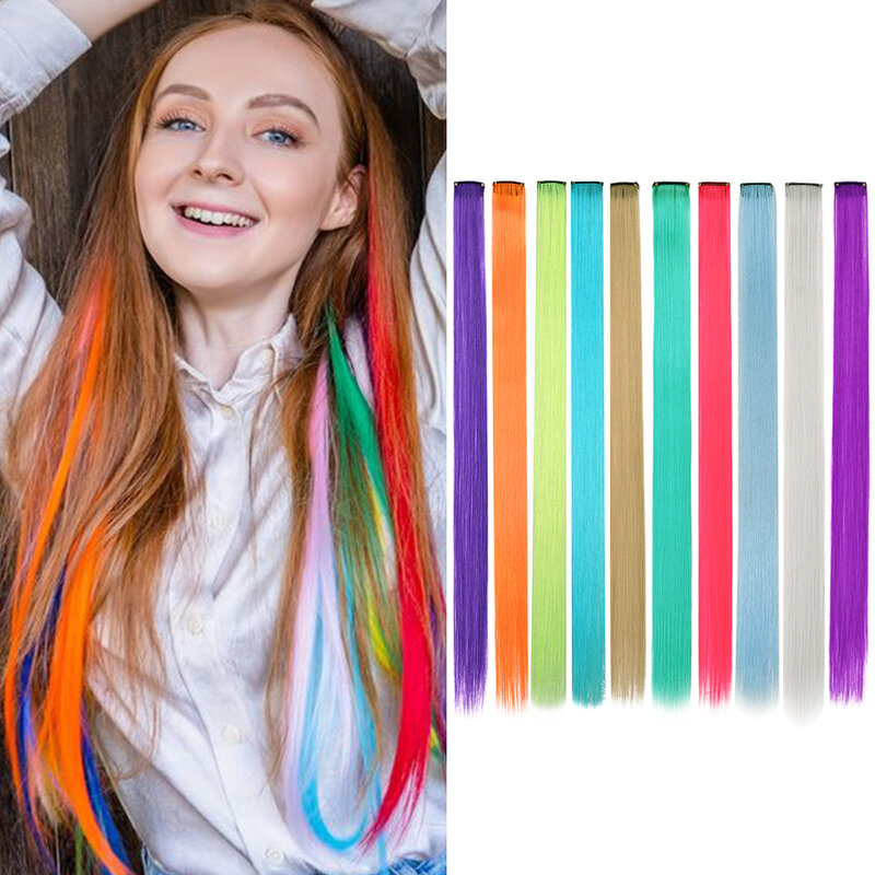 Extensões de cabelo reto com grampo sintético para mulheres, cabelos coloridos, destaque, festa, presentes de cosplay, 22 ", 10 pcs