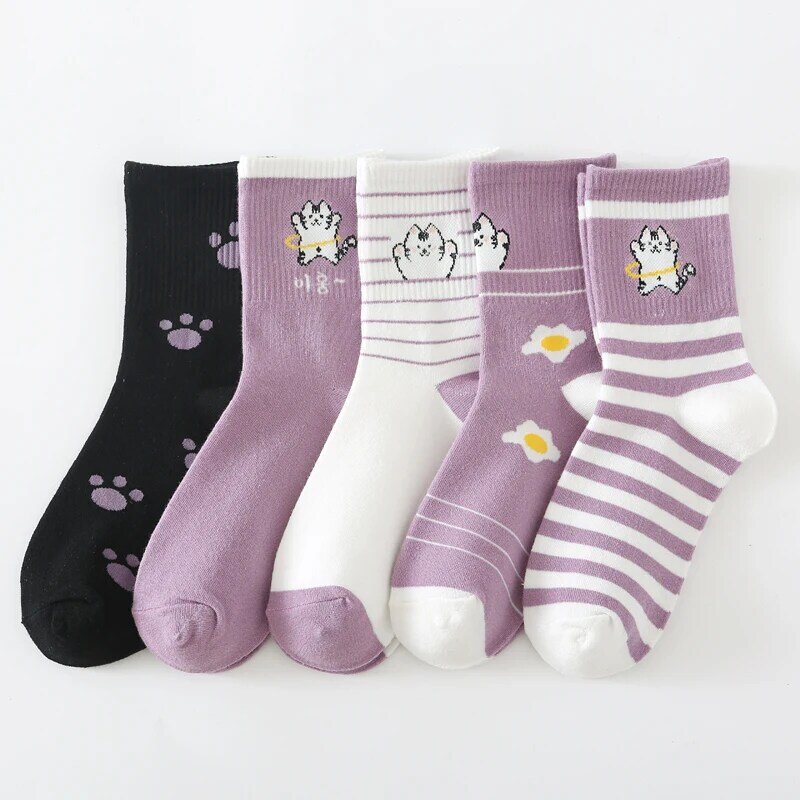 1 Pair Purple Cat Pattern Socks For Women Medium Tube Cotton Socks Fashion Trend Harajuku Sock Woman Dropshipping Wholesale