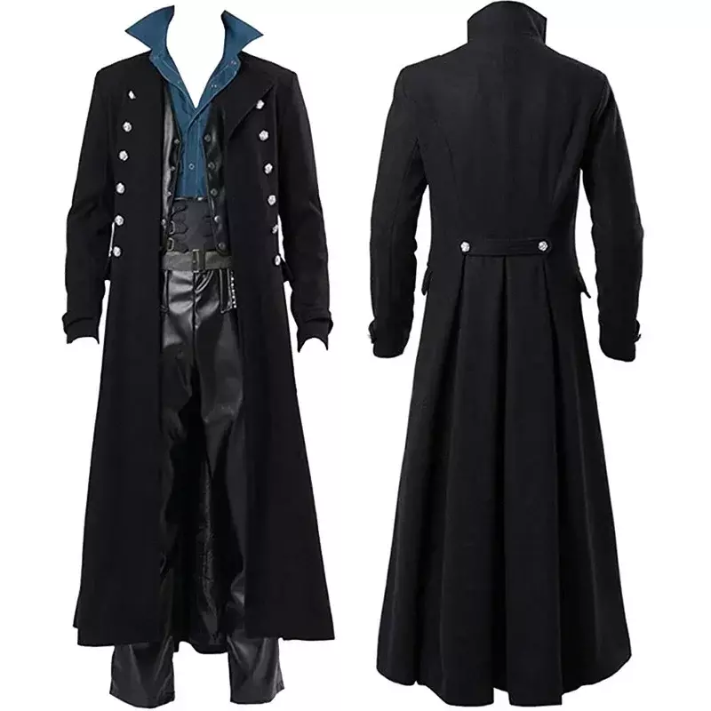 Mantel panjang hitam antik jaket Retro Steampunk pria seragam jaket Victoria Gotik kostum Halloween mantel Cosplay deep gelap