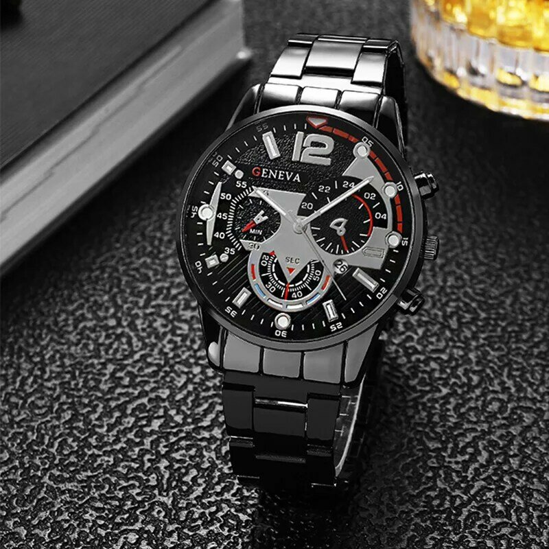 Relógio de quartzo de aço inoxidável masculino, relógios calendário de negócios, pulseira preta casual, colar, moda, conjunto 3 peças