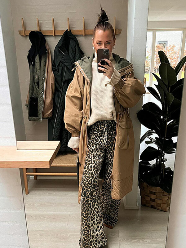 Calças femininas de algodão com estampa leopardo cintura alta, casual calças largas largas, moda feminina retrô de rua reta, primavera, Y2K