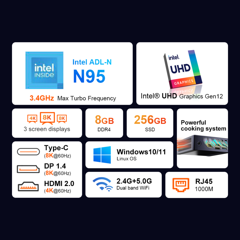 Ninkear-Mini PC N9, Windows 11, Intel N95, 8GB, DDR4, 256GB, SSD, WIFI 5,0, ordenador de escritorio para oficina