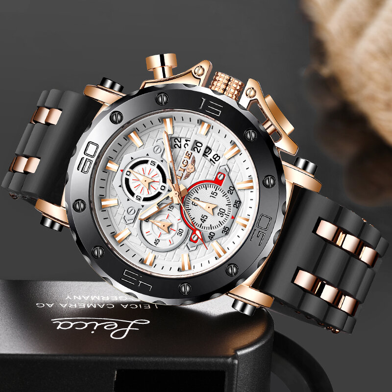 Часы наручные LIGE Мужские кварцевые в стиле милитари, брендовые Роскошные Спортивные Повседневные с хронографом, с датой