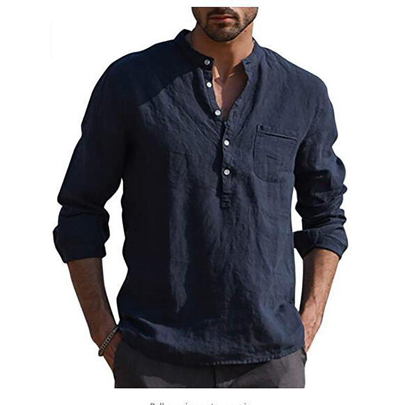 Camisas de manga larga de lino y algodón para hombre, camisas sueltas de cuello alto, Color sólido, informal, diseñador, primavera y verano