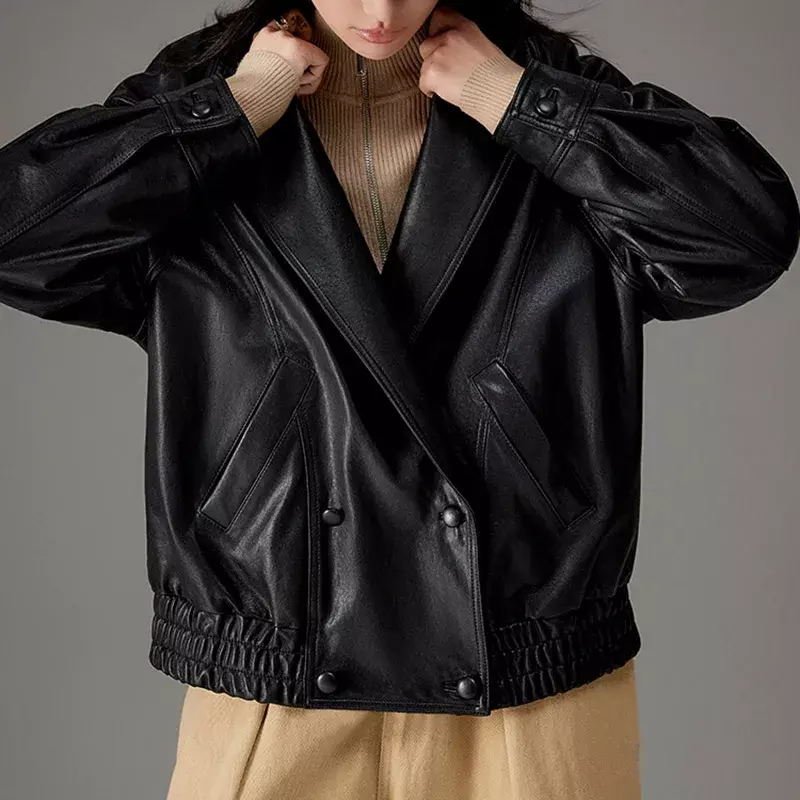 Women's Sheepskin Leather Jackets Casual Lapel Coat Drop Shoulder Loose Temperament Outwear Spring Autumn Bomber Jacket